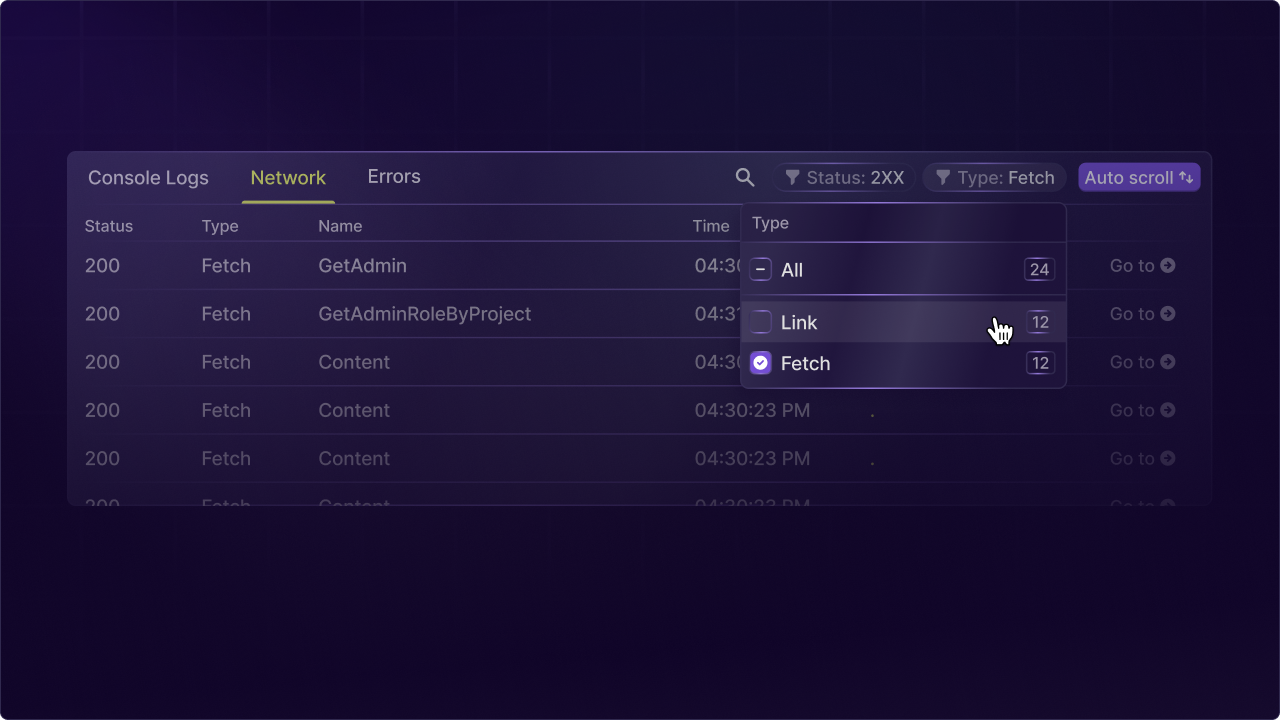 Preview of the network request tab in the replay dev tools