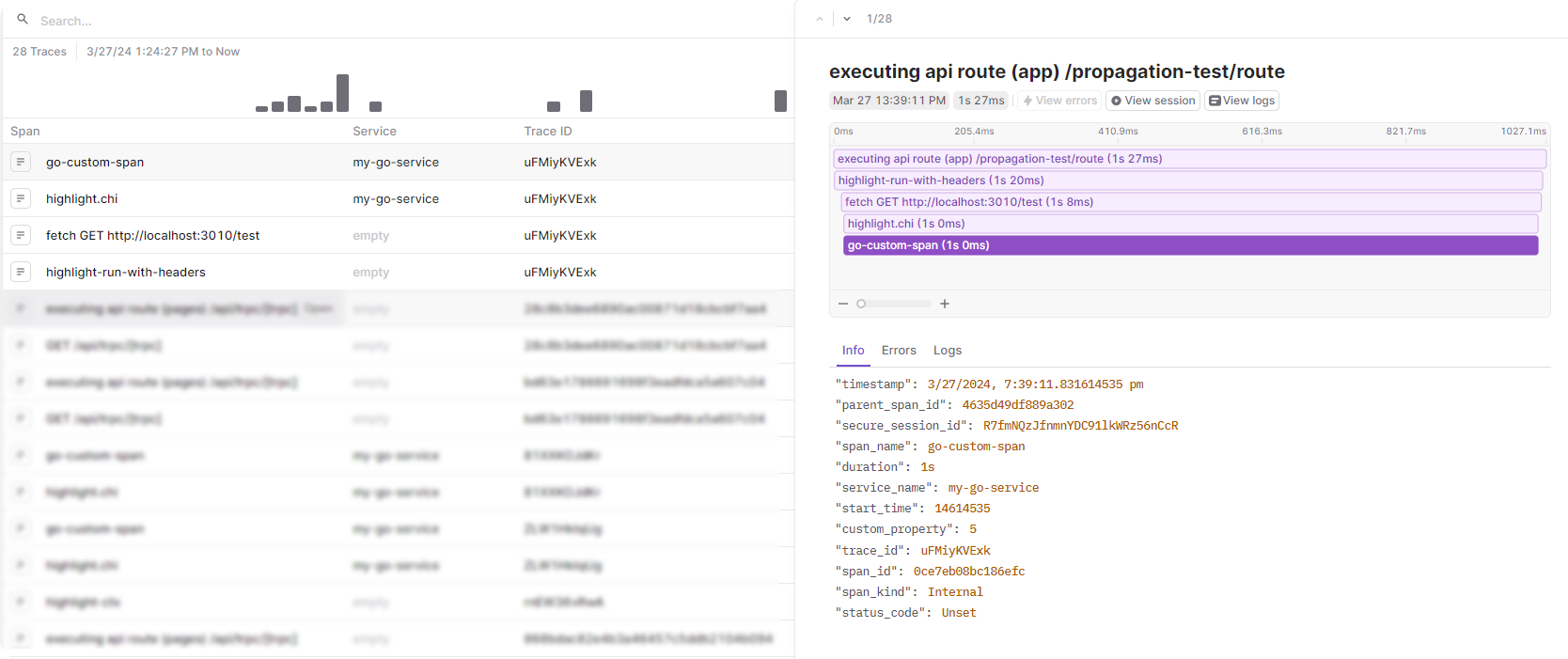 Highlight distributed tracing go-custom-span